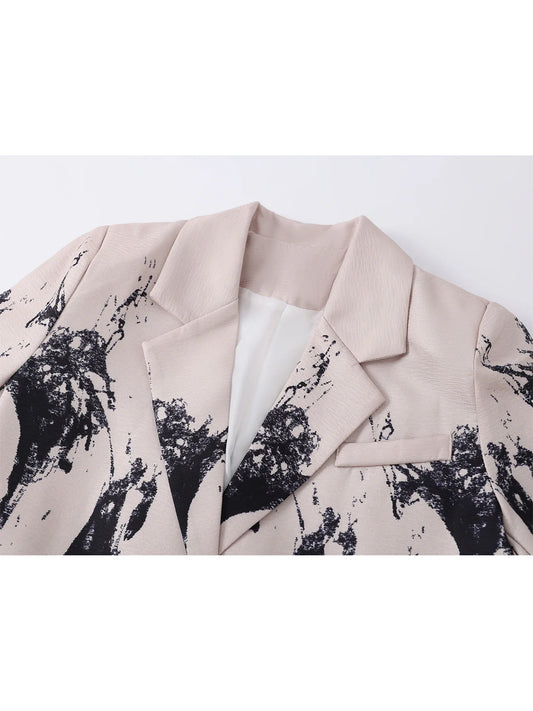 Women's Khaki Print Blazer Jacket Vintage Outerwear Single Breasted Long Sleeve Suit Coat Harajuku Y2k 2000s Spring Autum 2025