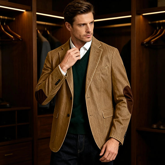 Men's Denim Blazer Suit with Suede Elbow Patches – Slim Fit, Casual & Business Wear