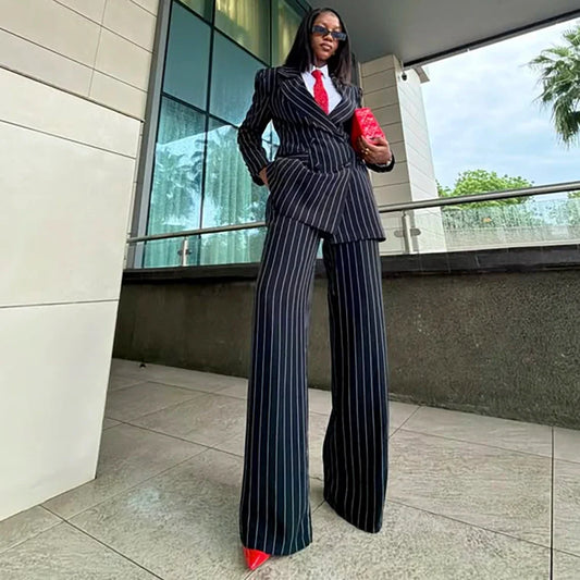 Elegant Women Pinstripe Double Breasted Suit 2‑Piece Ivory Blazer Wide Leg Pants Set Formal Business Evening Party Outfit
