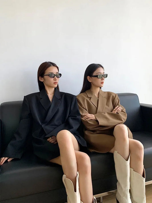 Spring Autumn Chic Female Oversize Blazers New Solid Color Designer Suit Jacket Office Ladies Loose Mid-length Coat Outerwear