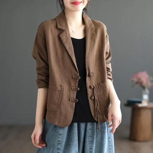 Women's Chinese Style Linen Blazer Vintage Button Decor Loose Casual Suit Jacket