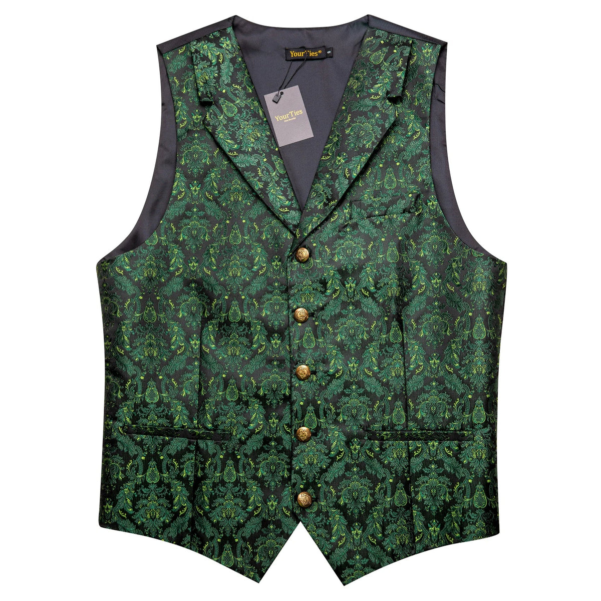 Men's Vest Green Floral Waistcoat with Tie Hanky Cufflinks Set for Wedding Banquet