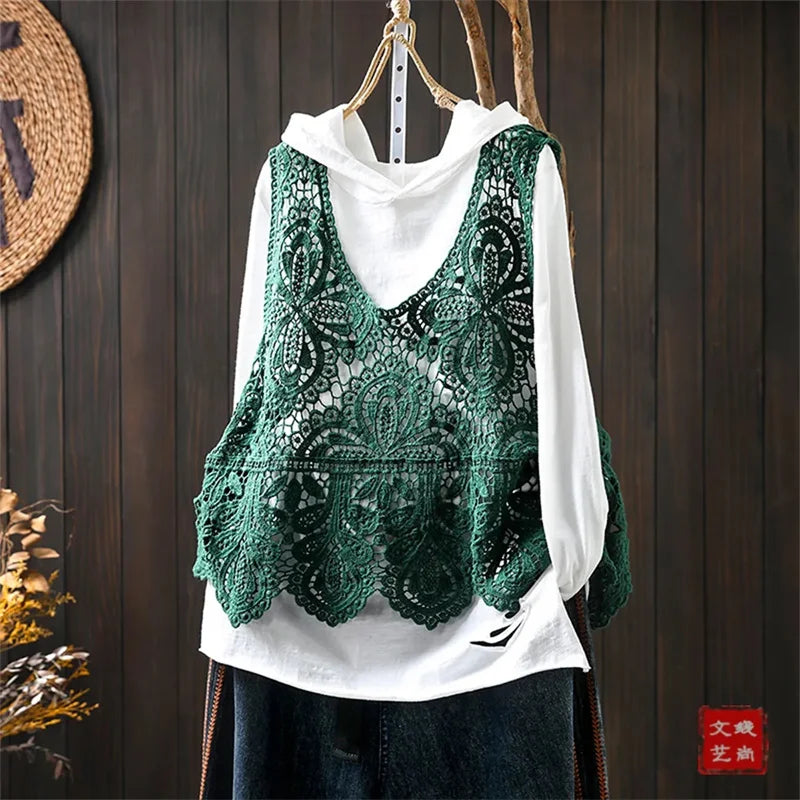 Summer Femme Lace Cotton Lined Vest Spring Women Fashion Knitted Crochet Sleeveless French Lady Hollow-out Sweater Waistcoat Top
