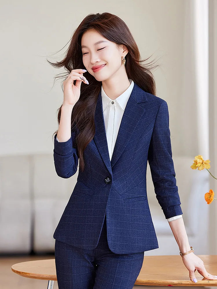2024 Spring Autumn New Retro Plaid Elegant Blazer Coat And High Waist Pencil Pant Two Piece Set Women's Suit Business Clothing