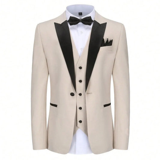 Men Suit 3 Pieces Beige With Black Lapel Single Button For Wedding Business Banquet Party Work Office Jacket Vest Pnats