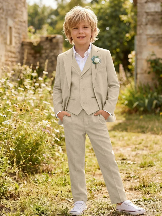 Summer Linen Boys Suit Set 3 Pieces Beach Wedding Wear Casual Notched Lapel Kids Slim Fit Tuxedo For Birthday Party 2-20T