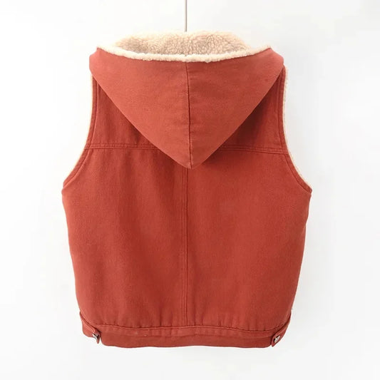 Autumn Winter Female Fashion Fleece Denim Vest Coat Retro Lady Hooded Sleeveless Jeans Tops Women Warm Cowboy Waistcoat Jacket
