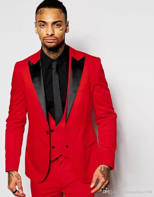 Custom Made 3 Pieces Red Suits For Wedding Formal Groom Wear Peaked Lapel Slim Fit Tuxedo Best Man Blazer