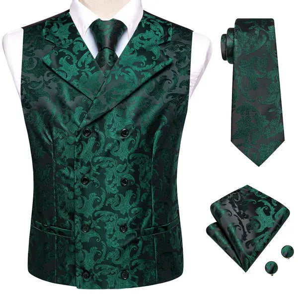 Men's Double Breasted Vest Set – Floral Jacquard Waistcoat with Tie, Pocket Square & Cufflinks for Weddings & Formal Events
