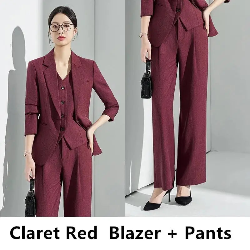 Formal Office Lady Slim Fit 2 Piece Suits Autumn Dark Brown Single Button Blazer And Pants Elegant Business Female Work Wear