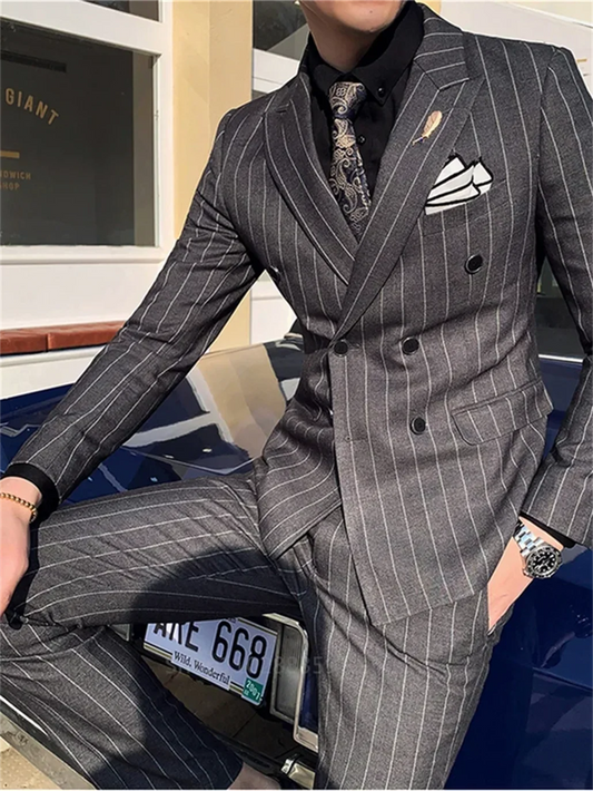 Ensemble de costume coréen croisé pour mariage et banquet, 2 pièces, rayures verticales, costume homme coupe ajustée, Business