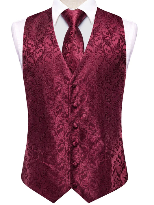 Men's Crimson Double Breasted Vest Necktie Pocket Square Set for Banquet & Formal Occasions