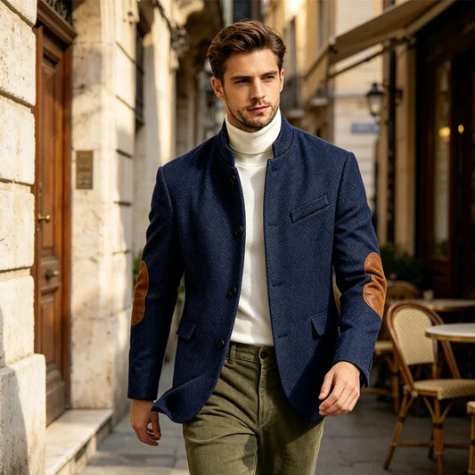 Men's Herringbone Tweed Blazer – Wool Blend Stand Collar Suede Elbow Patch Jacket for Business & Casual Occasions