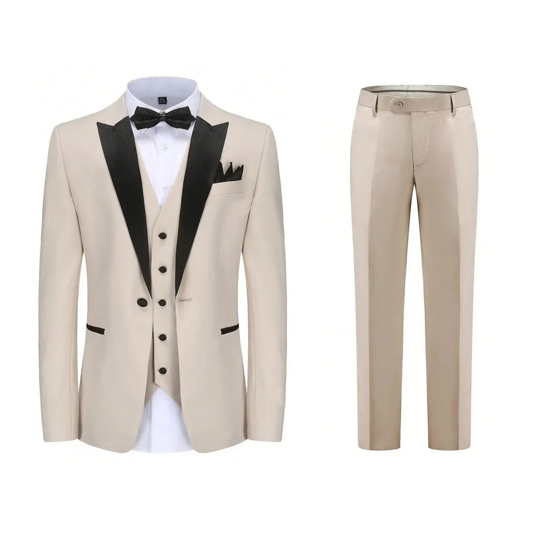 Men Suit 3 Pieces Beige With Black Lapel Single Button For Wedding Business Banquet Party Work Office Jacket Vest Pnats