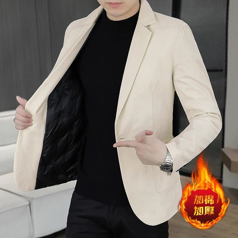 Blazer Men's Business Gentleman Wedding Fashion Best Man Solid Color Slim Fit Casual Mink Velvet with Cotton Thickened Blazer