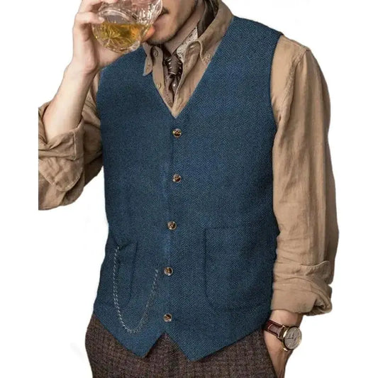 Men's Slim Fit Vest Single-Breasted Herringbone Waistcoat for Wedding & Business