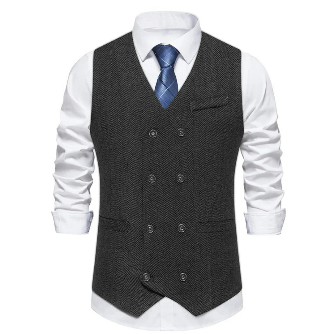 Men's Herringbone Vest Double Button V-Neck Waistcoat for Weddings & Business