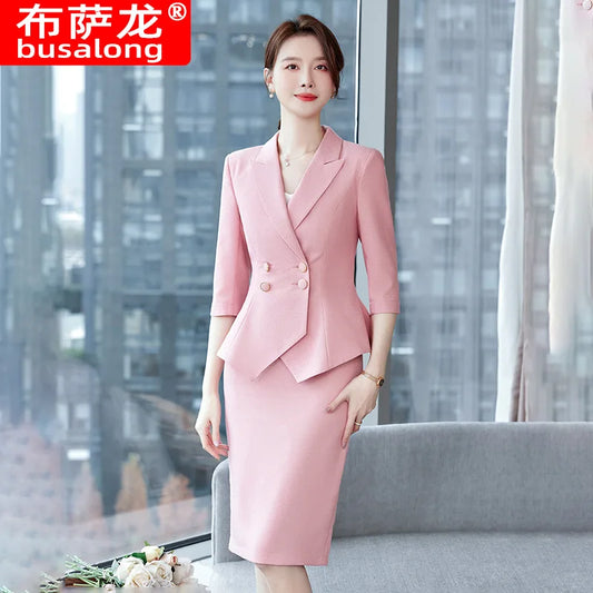 2801 Light Luxury Short-Sleeved Suit Skirt Women's Summer Thin Elegant Goddess Fan High-End Beauty Salon Reception Work Clothes