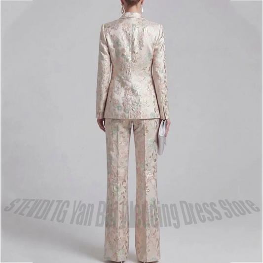 Women's Floral Jacquard Suit 2 Piece Slim Fit Double Breasted Blazer Pants Tailoring Set Formal Party Wear Luxury Lady Outfit