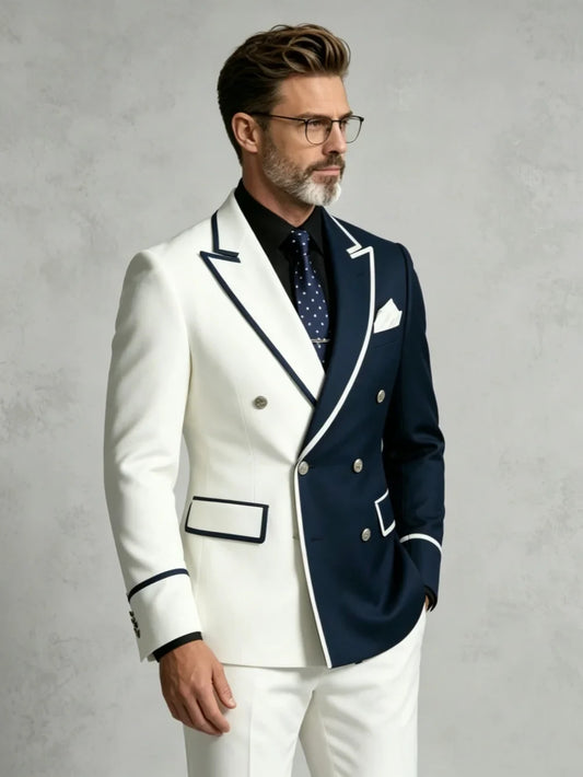 Men's White Navy Blue Contrast Color Suit 2 Pieces For Formal Occasion Handsome Double Breasted Suit Set Wedding Groom Sets
