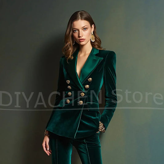 Chic Velvet Women Suit Double Breasted Gold Buttons Blazer and Flared Pants Fashion Formal Evening Party Wedding Luxury Outfit