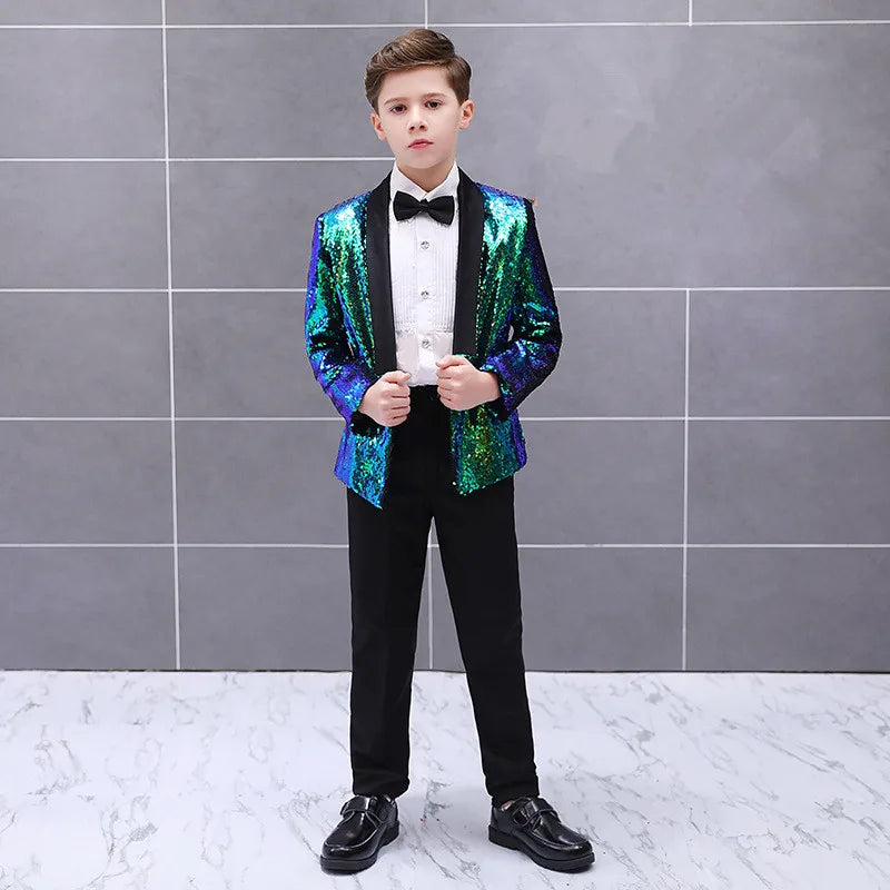 Boys Gradient Sequins Formal Wedding Birthday Party Suits Kids Jacket pants Bowtie 3pcs Price Piano Performance Costume