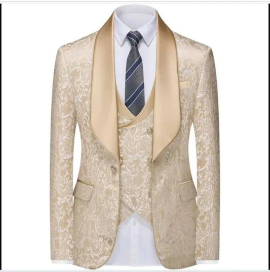New Champagne Jacquard Men's 3 Pieces Suit Formal Shawl Lapel Slim Fit Groom Tuxedos Best Man Blazer Set For Wedding Party Prom