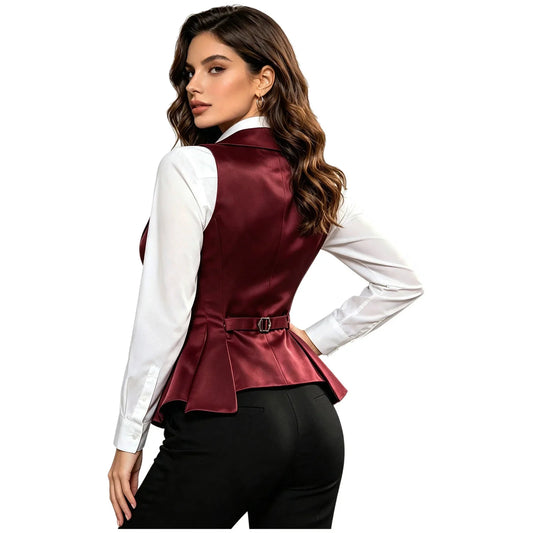 Womens Victorian Satin Waistcoat Top Lapel Collar Sleeveless Irregular Hem Buttons Ruffled Vest Tops for Halloween Themed Party