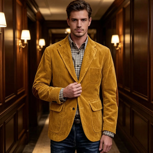 Men's Corduroy Suit Blazer with Elbow Patches – Slim Fit Classic Style for Daily & Casual Wear