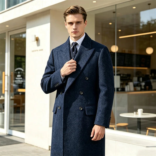 Men's Vintage Herringbone Wool Blend Long Overcoat Double Breasted Peak Lapel Winter Formal Business Outerwear For Party Daily