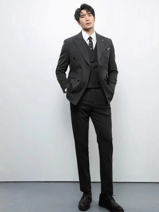 Office Mens Business Formal Suits Sets Double Breasted Slim Fit Striped Jacket Vest Pants Three Piece Set Fashion Groom Suits