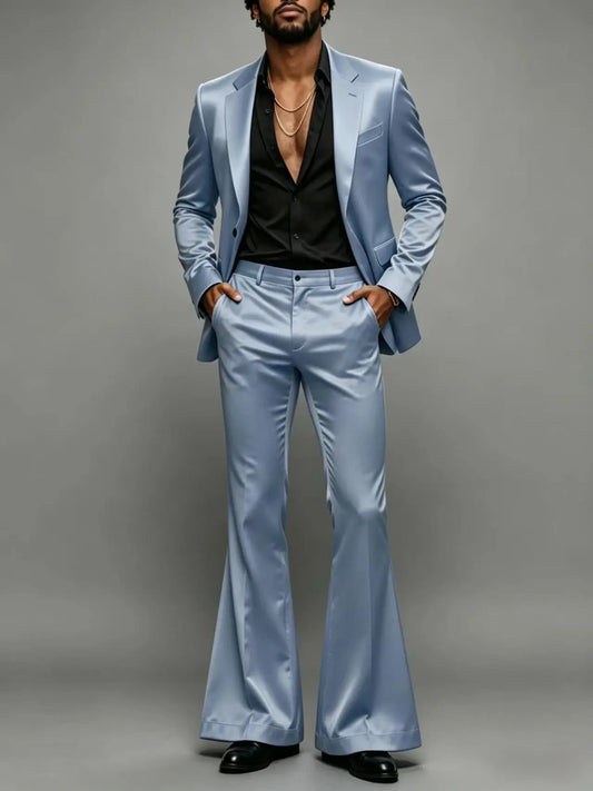 British Men's Satin Suit Flared Pants 2-Piece Set Slim Fit Notch Lapel Formal Wedding Business Party Solid Blazer Trousers