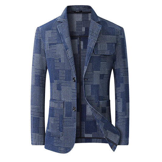 Men's Checked Denim Blazer Big & Tall Smart Casual Single Breasted Suit
