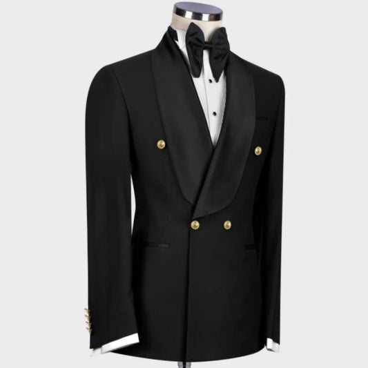 Men Suit 2 Pieces Black Double Button With Lapel Gold Button For Wedding Banquet Party Work Office Business Jacket With Pants
