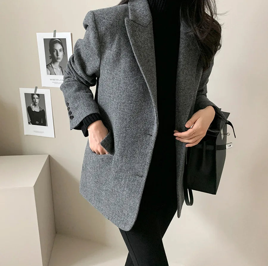 Women's Slim Fit Blazer Autumn Mid-Length Lapel Coat Contrast Cuff Detail Elegant Office & Commute Outerwear