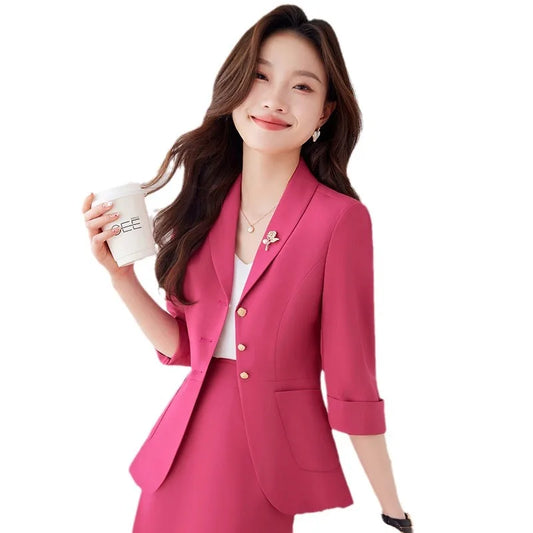 Spring Slim Blazers for Women 2024 Office Ladies New Fashion Three Quarter Coats Vintage Solid Lapel Single Breasted Blazers