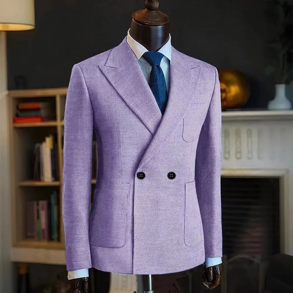 Classic Men Linen Blend Suit Blazer Double Breasted Peak Lapel Man Formal Jacket Business Slim Fit Lightweight Coat For Wedding