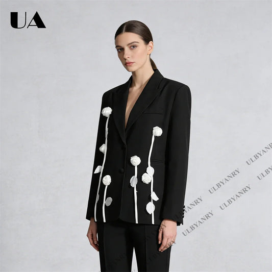 Unique Design Women’s Blazer – Black, 3D White Rose, Long Sleeve, Button Closure, Work Date Jacket Office Casual Jacket