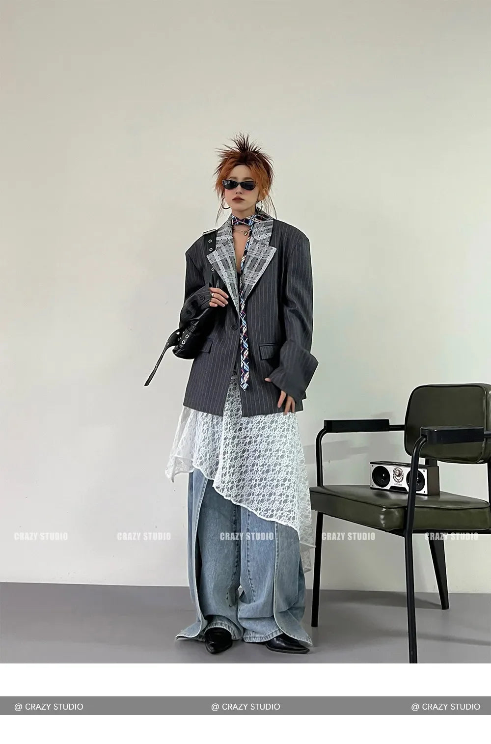 Women's Dark Grey Striped Blazer Jacket Y2k 2000s Vintage Suit Coat Fashion Casual Long Sleeve V-Neck Oversize Outerwear Autumn