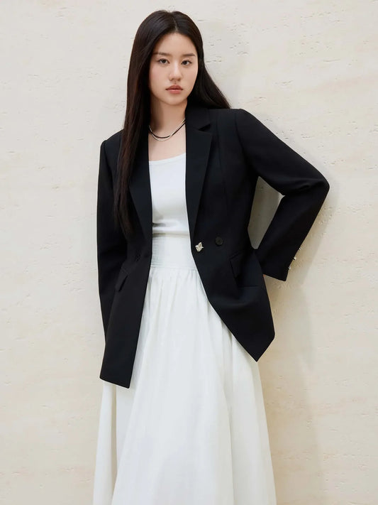 Women Black Blazer 2025 Spring Simple Temperament Slim Blazers Coats Two Button Decoration Office Lady Coat 25DS81145