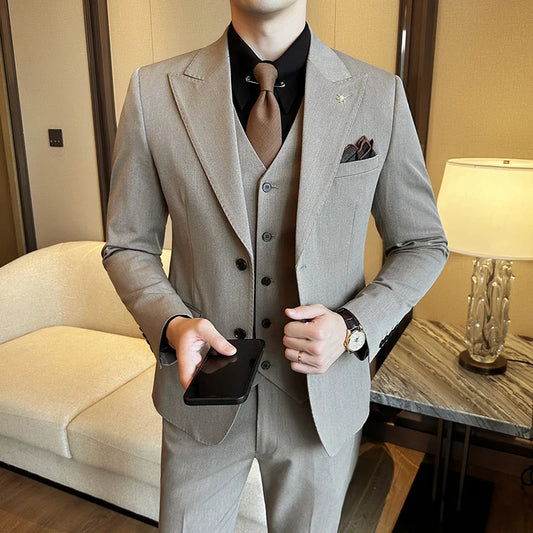 (Blazer + Vest + Trousers) 2024 New Men Formal Business Solid Suit 3 Pieces Set Italian Style Luxury Wedding Social Party Tuxedo
