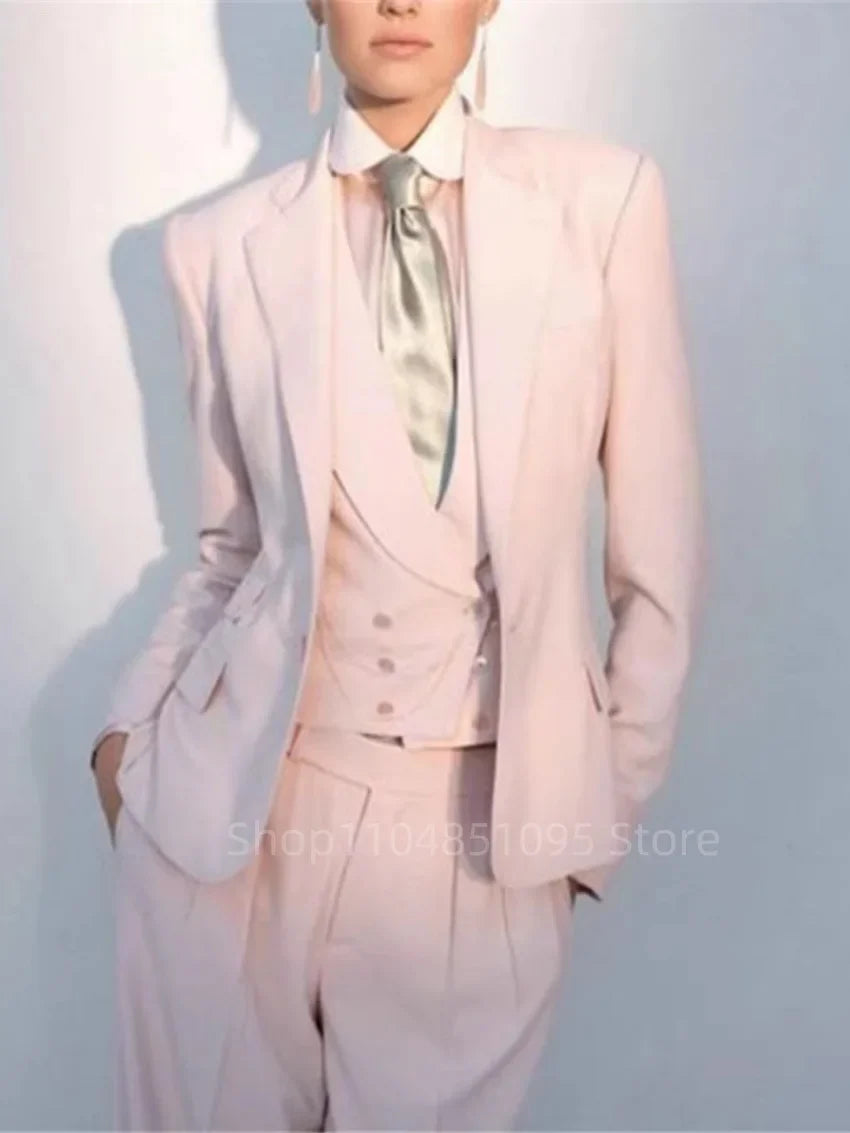 Office Ladies Pantsuits Pink Women Business Classic Single Buttons Flared Pants Blazer Vest Pants Three Piece Set Formal Suit