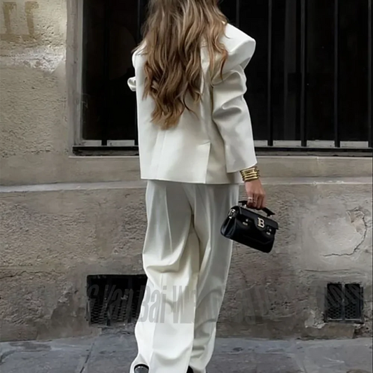 Stylish White Women's Pants Suit Double Split Fork Straight Peaked Lapel Elegant Ladies Outfit Full Set 2 Piece High Quality