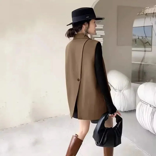 Vintage Sleeveless Blazer Vest Fashion OL Casual Lapel Suit Blazer 2024 Summer Women Office Double Breasted Suit Coats