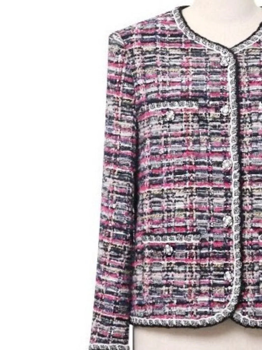 Retro Single Breasted Mixed Color Jacket Office Ladies Comfortable Pockets Coat Fashion Round Neck Long Sleeves Straight Outwear