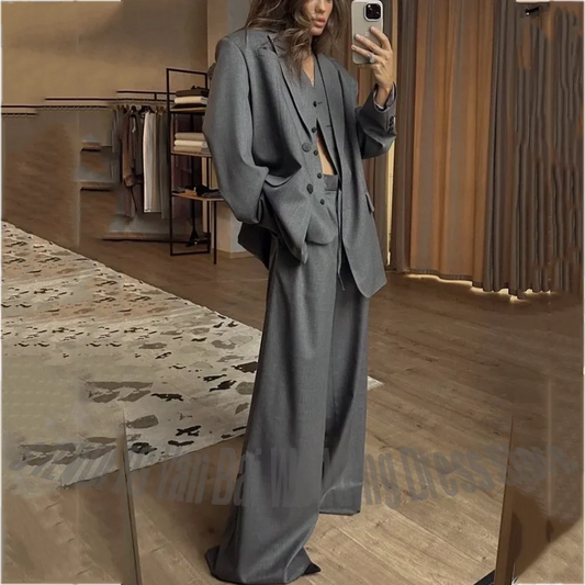 Grey Oversized Three Piece Suit Notched Lapel Loose Blazer Wide Leg Pants Set Casual Streetwear Office Women Outfit Custom