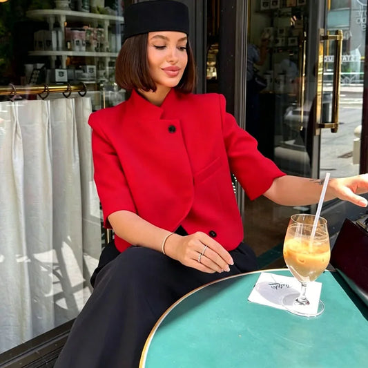 Ladies Commute Short Sleeve Blazer Women Summer Elegant Stand-up Collar Short Blazer New Trendy High Street Casual Blazer Female