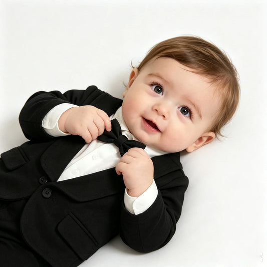 Toddler Baby Boy Black Tuxedo Romper Suit Fake Blazer Long Sleeve Jumpsuit With Bow Tie Wedding Baptism Gentleman Formal Outfit