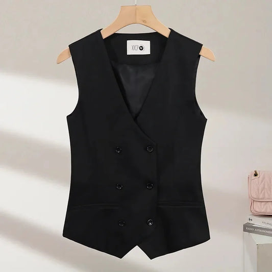 2025 Summer V-Neck Vest Women Thin Loose Waistcoat Double-breasted Sleeveless Blazer Female Slim Short Vest Femme Slim Buttons
