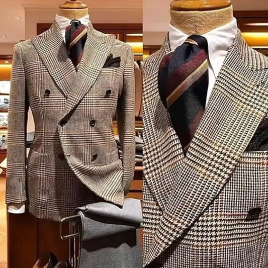 Formal Men's Brown Houndstooth Woolen Blazer Suits Jacket with Peak Lapel Casual Wedding Business Party Coat for Autumn Winter